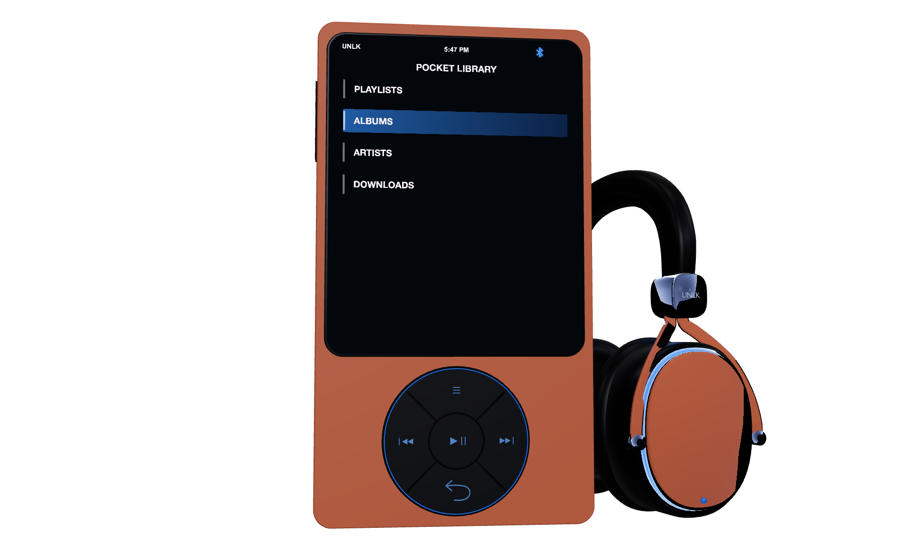 PCKT-02 in New Orange with Headliners wireless headphones